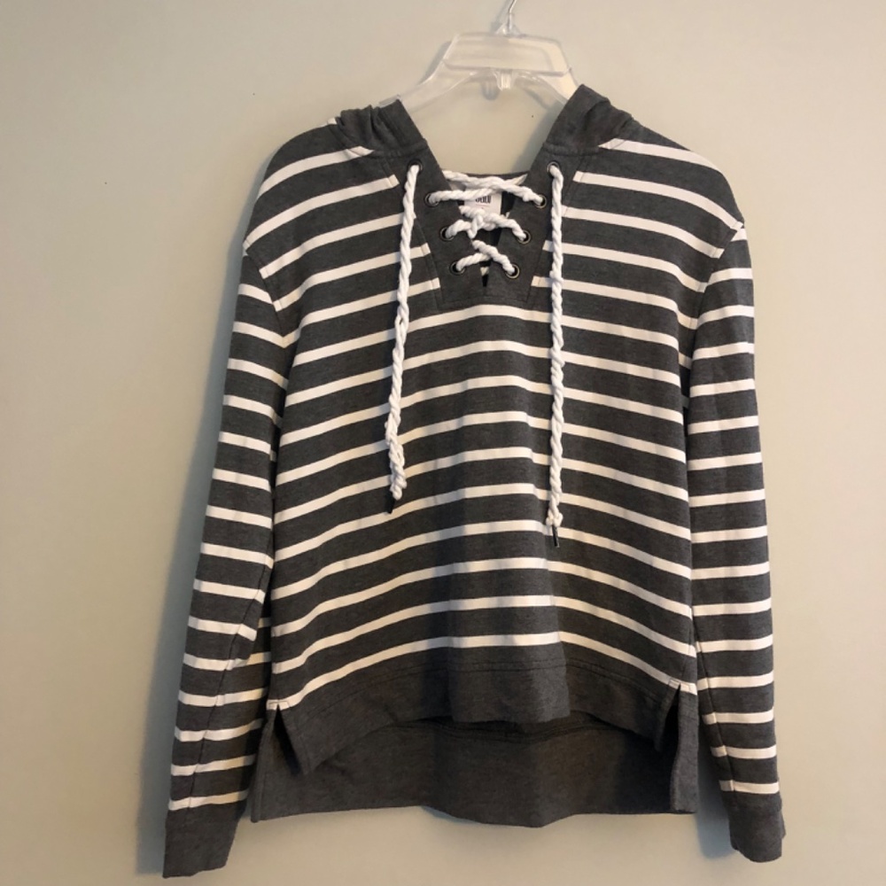 CAbi Windward Hoodie Top Striped Lace Up in Gray White 5324